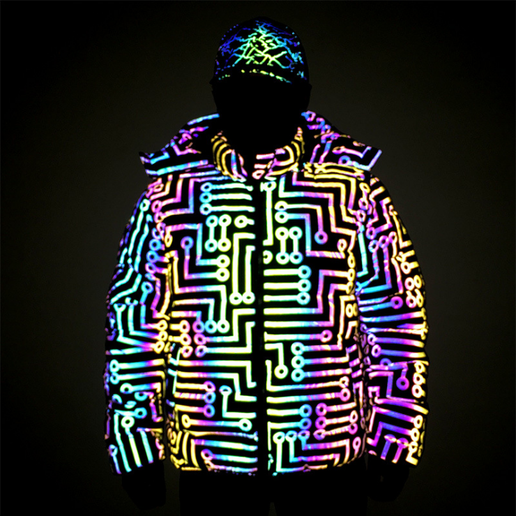 black iridescent circuit design pattern cotton padded rainbow reflective hood jacket bubble puffer coat clothing for winter warm