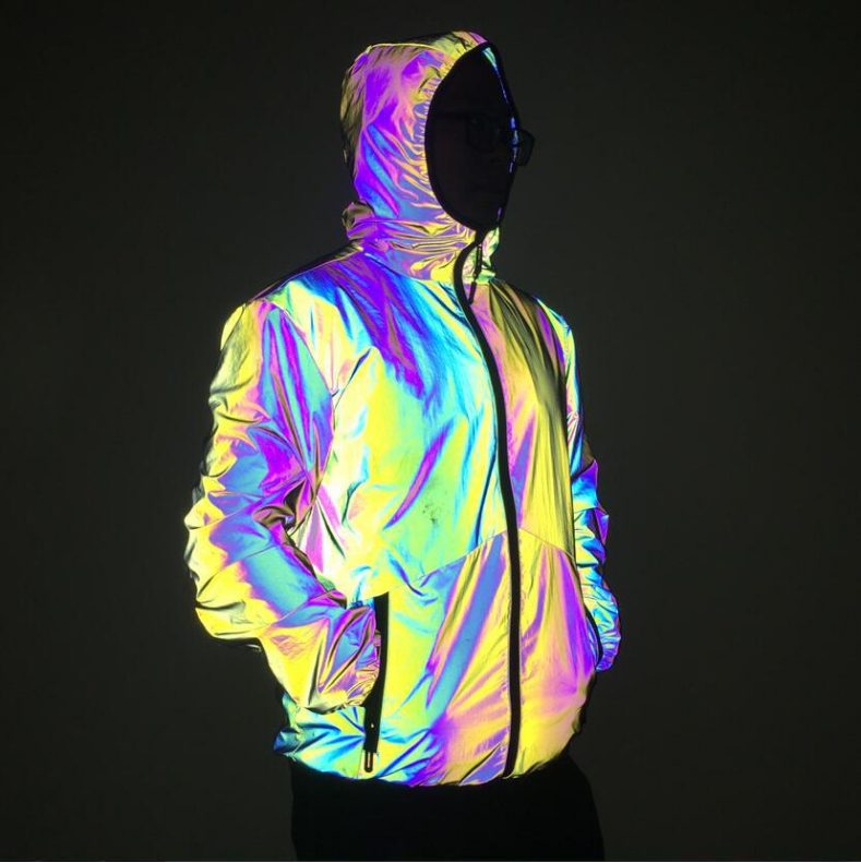 hi viz new rainbow fashion customize warm bomber coat men outdoor streetwear zip iridescent reflective hood jacket for winter