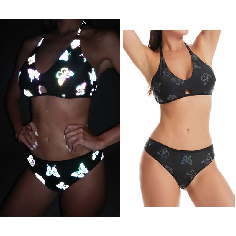 newest style butterfly printed high visible shiny hi vis reflective lady extreme halter beach bikini separated swimming suits