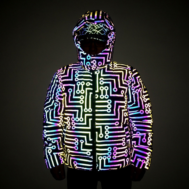 black iridescent circuit design pattern cotton padded rainbow reflective hood jacket bubble puffer coat clothing for winter warm