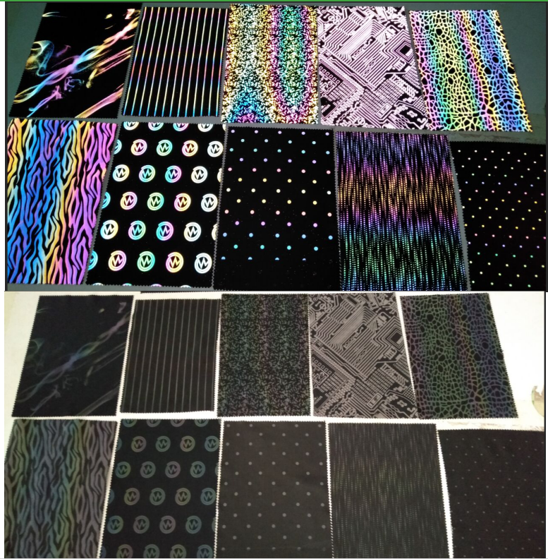 high visibility iridescent rainbow pattern designs printed reflective woven polyester spandex fabric for stylish clothing