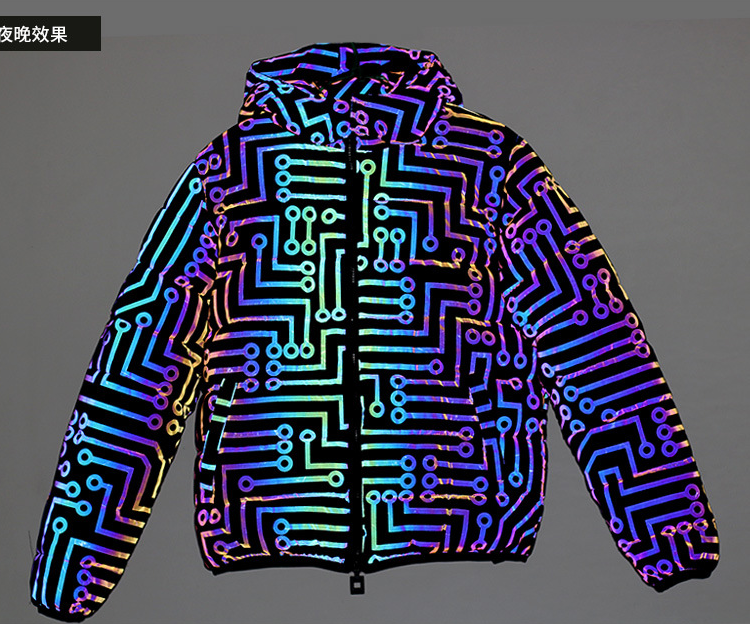 black iridescent circuit design pattern cotton padded rainbow reflective hood jacket bubble puffer coat clothing for winter warm