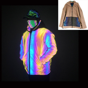 winter new khaki gray double face lambswool down rainbow iridescent reflective jacket man's plus size overcoat coat with hood