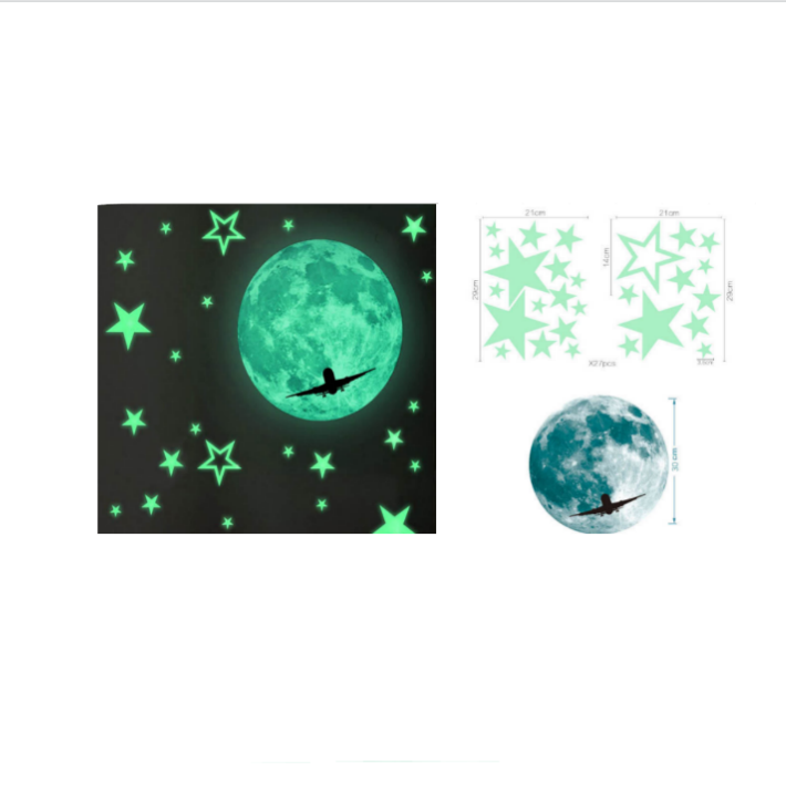 custom promotional gift removable 3d plastic fluorescent glow in the dark luminous moon stars decal stickers for kids room decor