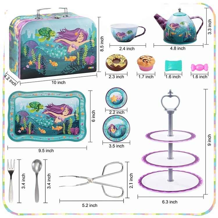 customized  Most popular kids pretend play  teapot tinplate tea set toy kitchen pretend girls toy metal tin tea set toys