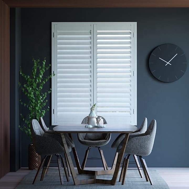 Customizing Durable design pvc plastic blade plantation PVC wooden shutters windows blinds shades & rolling wood shutters