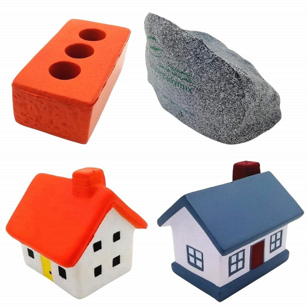 Custom Logo PU Foam Antistress Brick Stone Rock House Stress Reliever Stone Rock Stress Ball Brick House Stress Ball