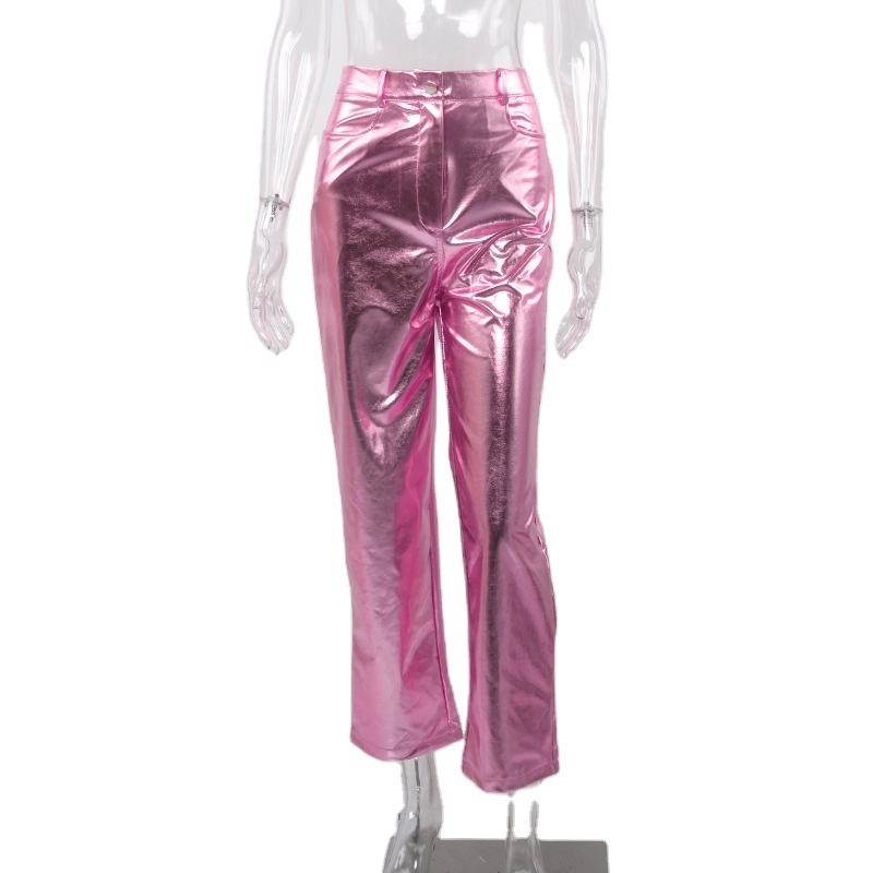 2022 Skinny High Waist Stretch Ladies Sexy Pants Pink Liquid Shiny Stacked Faux PU Leather Pants For Women