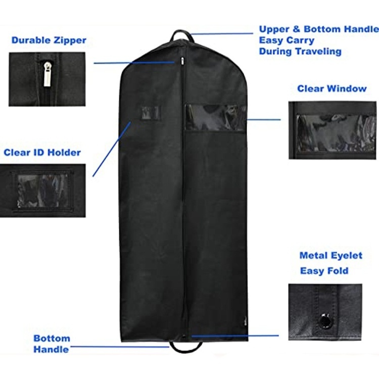 Hot sale Hanging Garment Bags for Storage Coat Covers Closet Dress 60 Inch Black Cloth Garment Bag with Zipper and Clear Window