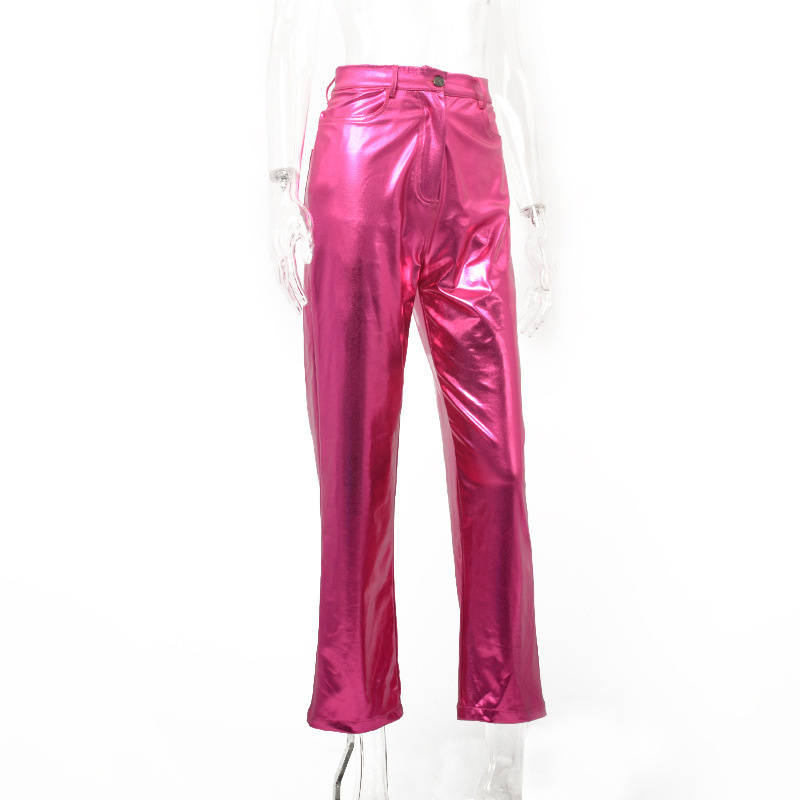 2022 Skinny High Waist Stretch Ladies Sexy Pants Pink Liquid Shiny Stacked Faux PU Leather Pants For Women