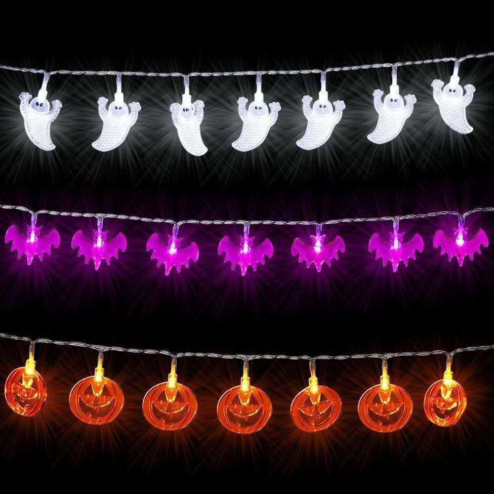 2020 Halloween Decoration Outdoor Set of 3 Halloween Lights Orange Pumpkins Purple Bats White Ghosts 8 Funtion Battery Operated