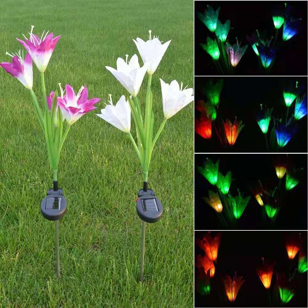 3 Pack Outdoor Solar Garden Stake Lights Solar Powered Lights with 4 Lily Flower Multi-color Changing LED Solar Stake Lights