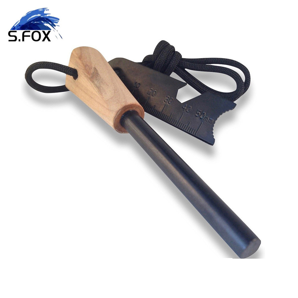 Leather Rope Customized LOGO Wood Handle BBQ Fire Lighter Fire Strike Stone