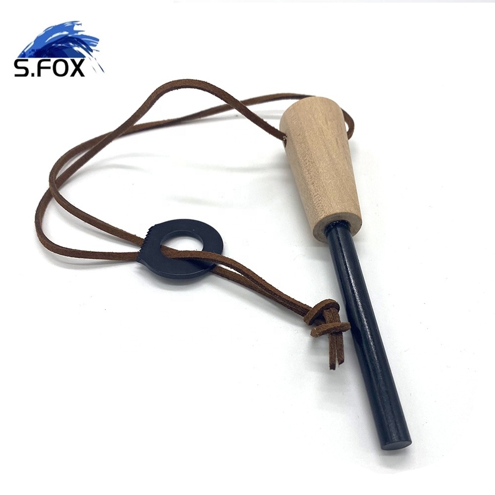 Leather Rope Customized LOGO Wood Handle BBQ Fire Lighter Fire Strike Stone