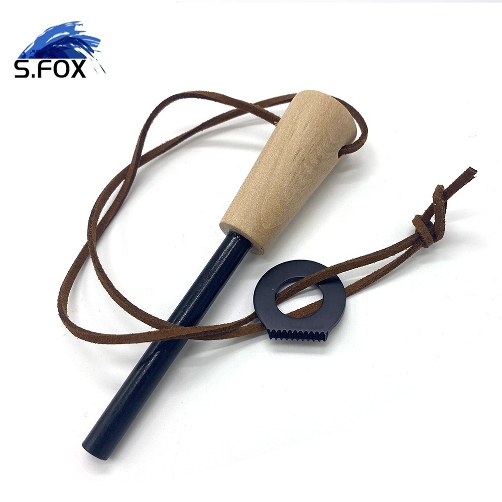 Leather Rope Customized LOGO Wood Handle BBQ Fire Lighter Fire Strike Stone