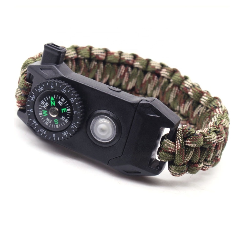 6 In 1 Adjustable Mens Outdoor Survival Tactical Paracord Bracelet With SOS Led Light