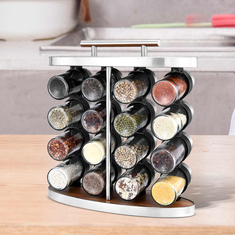 Revolving 16Pcs Glass Spice Jars Kitchen Countertop Rack Tower Organizer