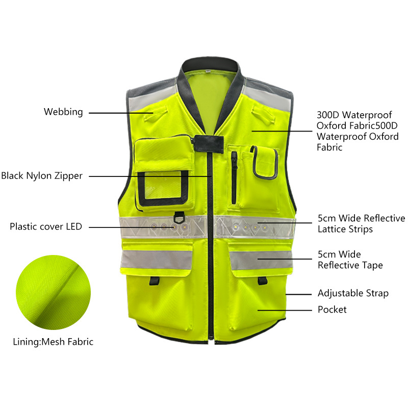 Custom LOGO Traffic Staff Duty Safety Jackets Vest With Lights Security Work LED Reflective Tactical Vest