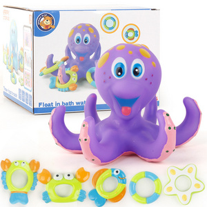 Octopus Bath Toy with 5pcs Hoopla Rings Floating Purple Soft Rubber Interactive Kids Bathing Toy