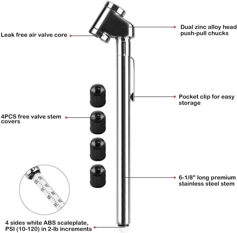 10-120PSI silver Dual Head Stainless Steel pocket Trucks pencil Tire Air pressure Gage