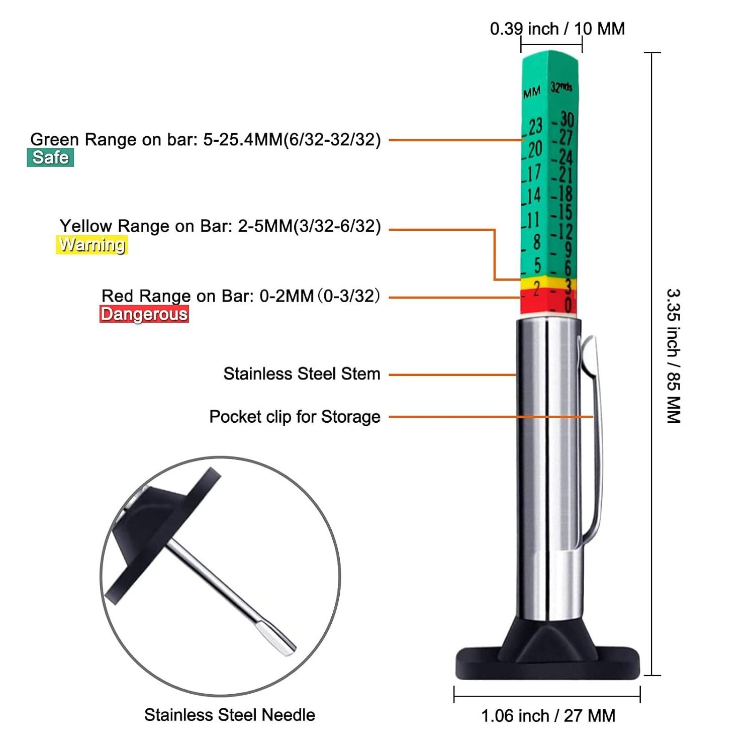 Two-Sided Smart Color Coded Tire Tread Depth Measurement Tool Tire Wear Gauge