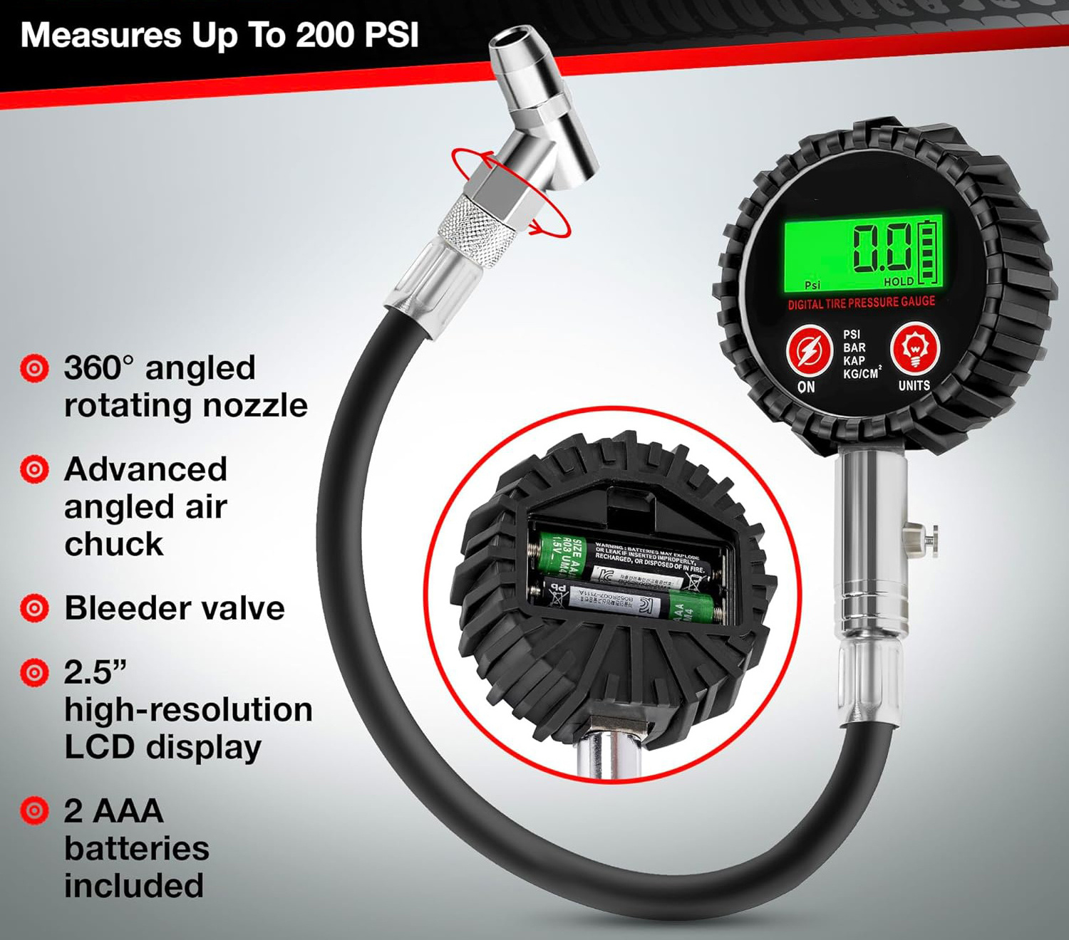 New 1 psi accuracy 250psi digital car air tire pressure gauge with flexible hose battery included