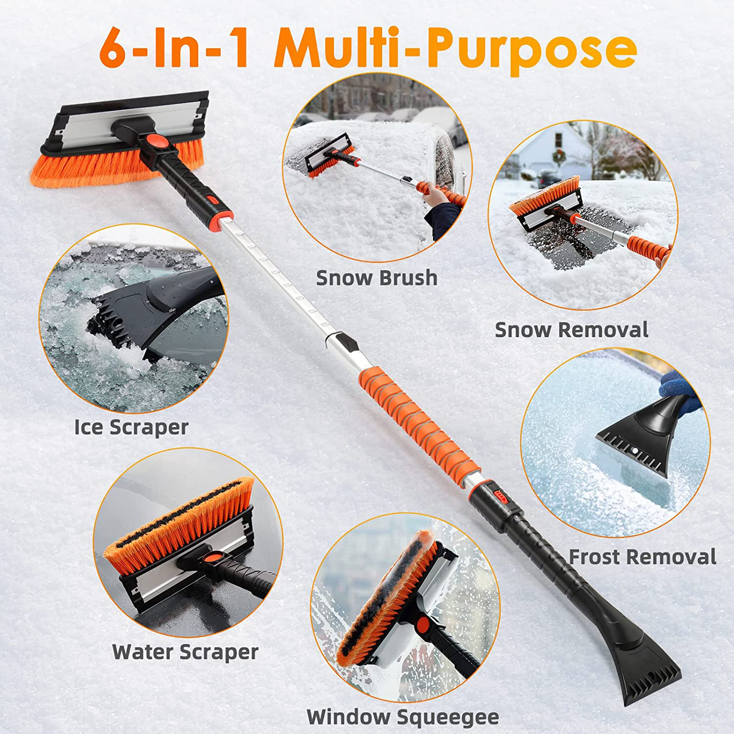 Custom Detachable Ice Scrapers Snow Cleaning Brush for Car Windshield with Extendable Aluminum Handle