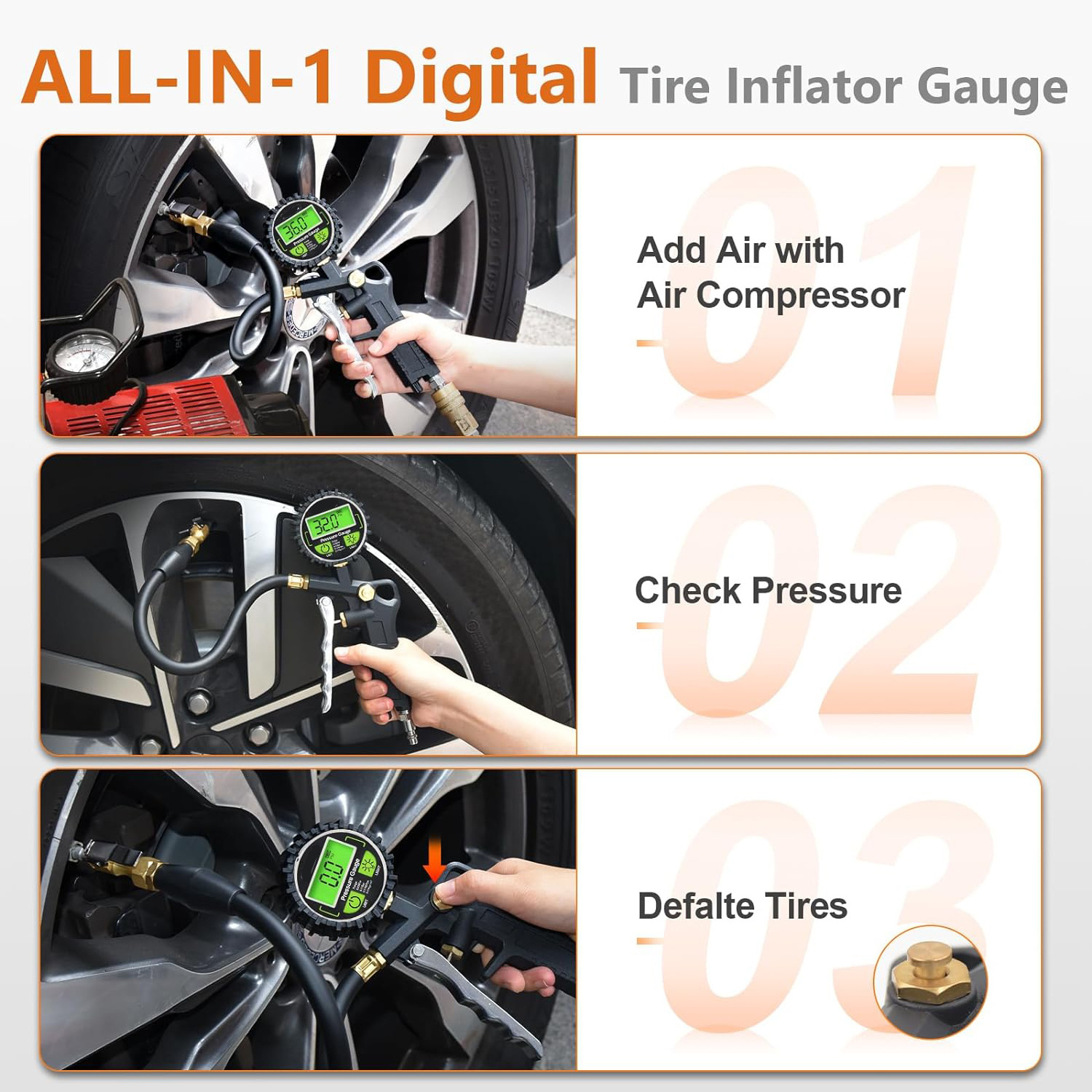 0.1 Display Resolution Digital/Dial Tire Inflator with Pressure Gauge,Heavy Duty with Rubber Hose for bike car