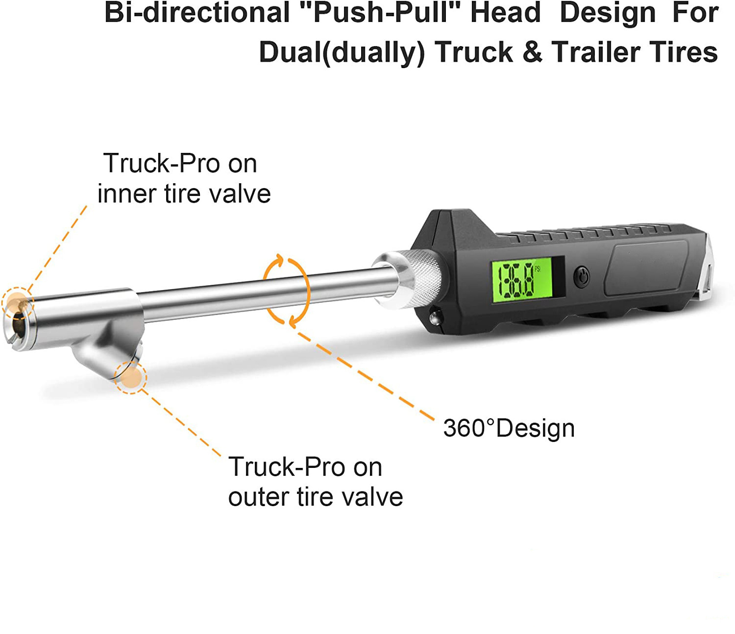 Dual head heavy duty 200psi stainless steel digital tire pressure Gauge for HGV LGV Trucks with  Backlit LCD