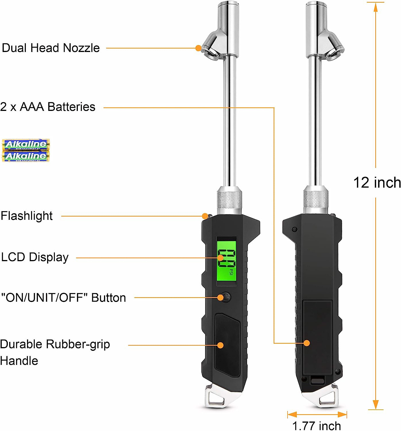 Dual head heavy duty 200psi stainless steel digital tire pressure Gauge for HGV LGV Trucks with  Backlit LCD