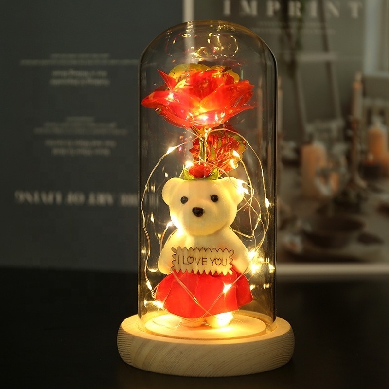 Girlfriend Valentines 2024 Led Light Glass Dome Galaxy Rose Flower Mini Bear For Christmas Valentine's Day Birthday Gift