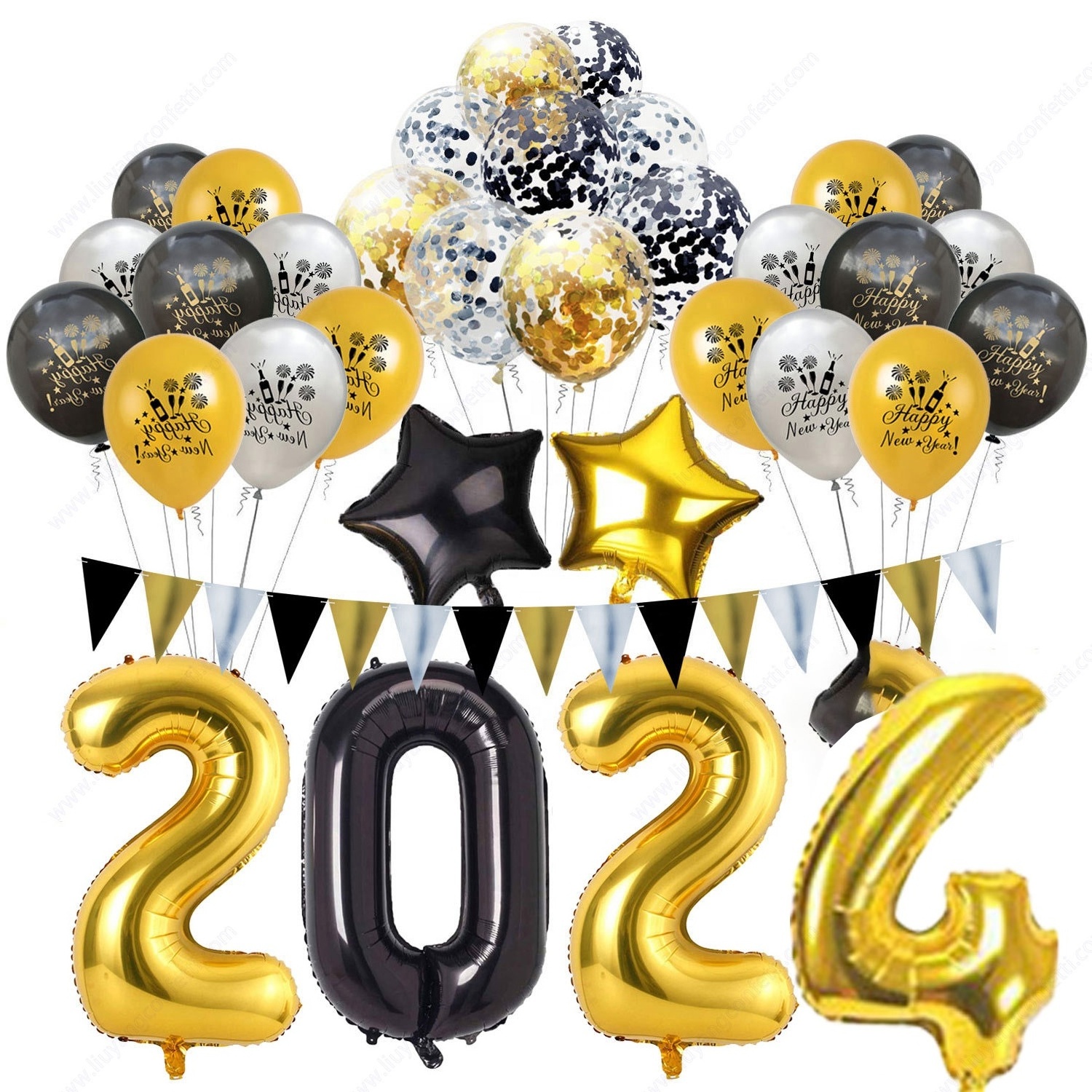 Kit Latex Confetti Anniversary Eve Decorations Supplies Banner Black Rose Gold Balloons 2024 Happy New Year Party