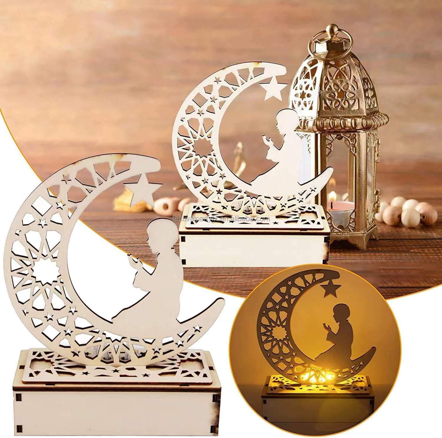 Wooden islamic Ramadan Eid Mubarak Ramadan moon hollow out letters with LED lights Eid Mubarak decoration