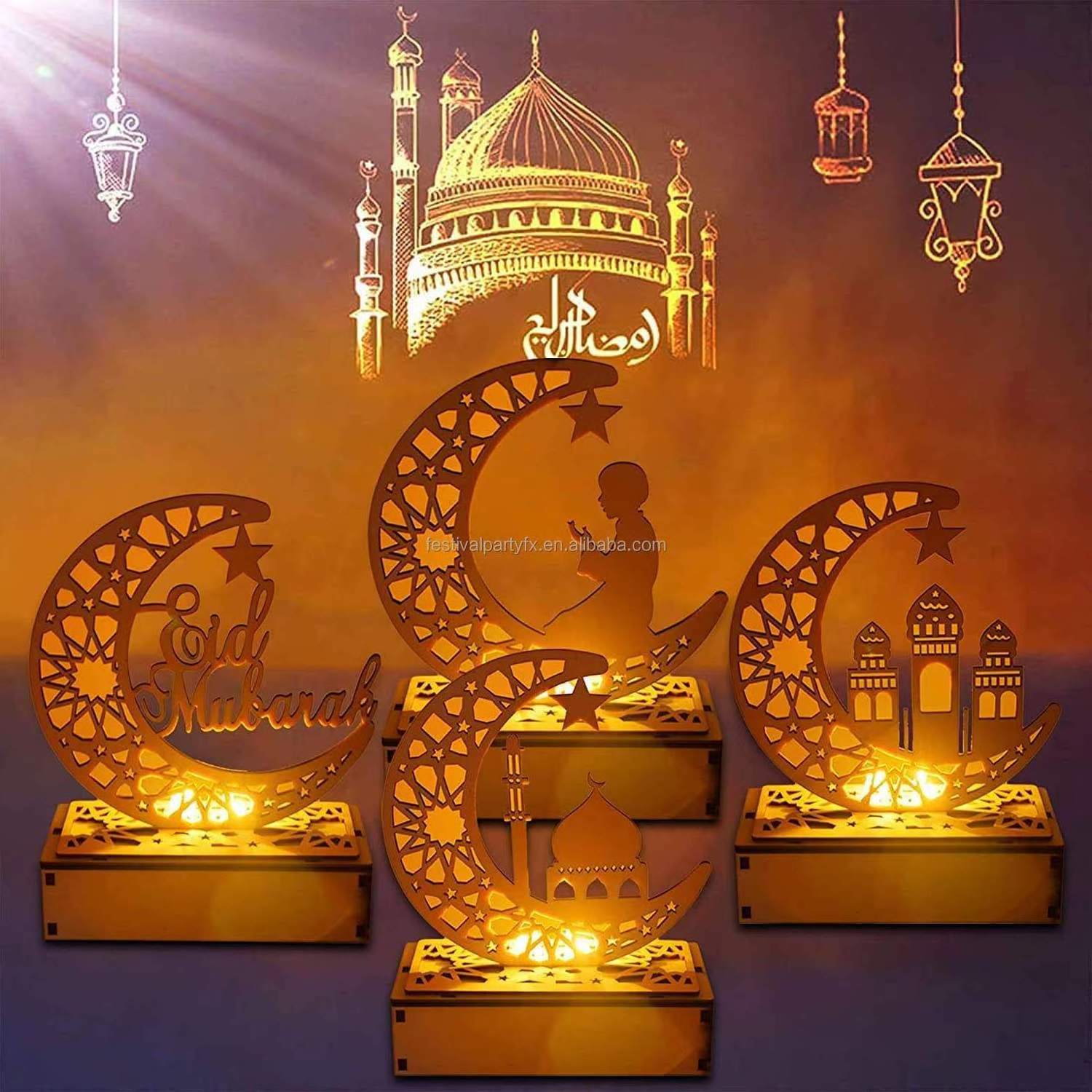 Wooden islamic Ramadan Eid Mubarak Ramadan moon hollow out letters with LED lights Eid Mubarak decoration