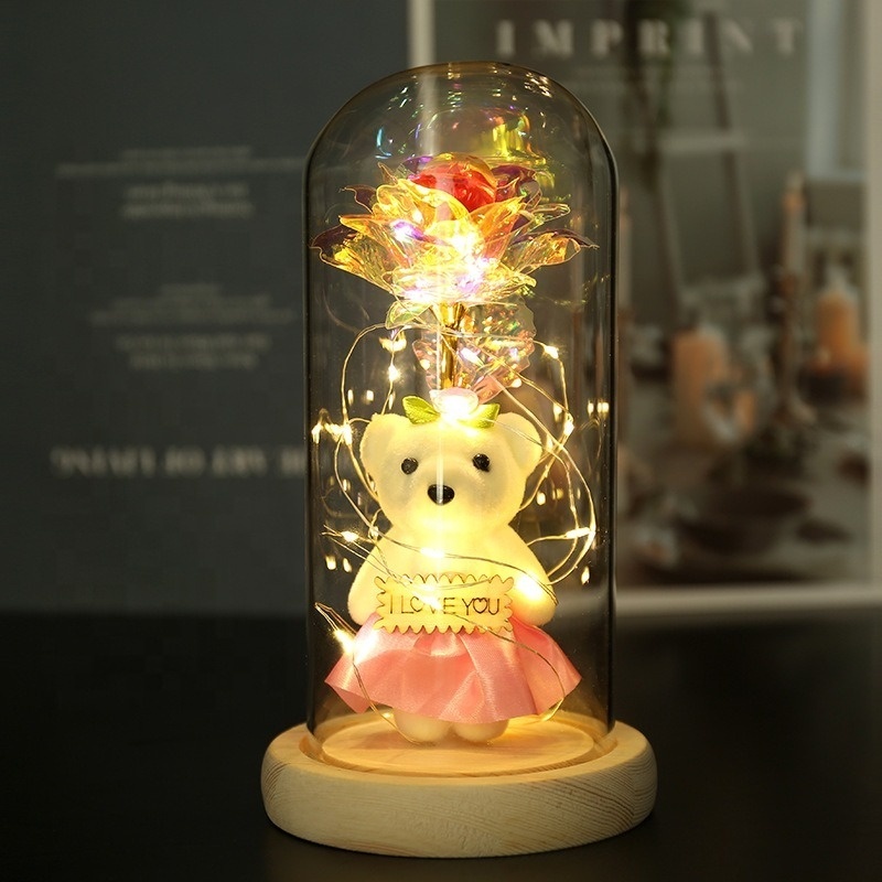 Girlfriend Valentines 2024 Led Light Glass Dome Galaxy Rose Flower Mini Bear For Christmas Valentine's Day Birthday Gift