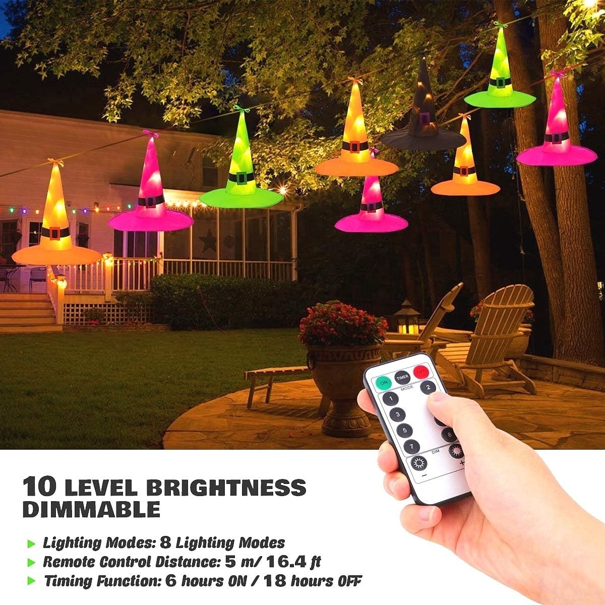 8pcs Hanging Lighted Witch Hat 36ft Lights Remote Control Decor Timer Tree Porch Yard Halloween Decoration