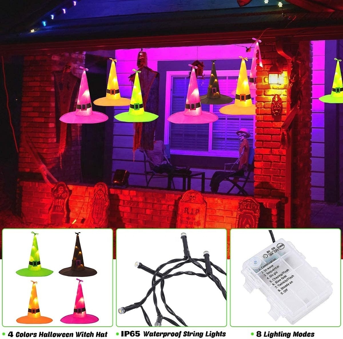 8pcs Hanging Lighted Witch Hat 36ft Lights Remote Control Decor Timer Tree Porch Yard Halloween Decoration