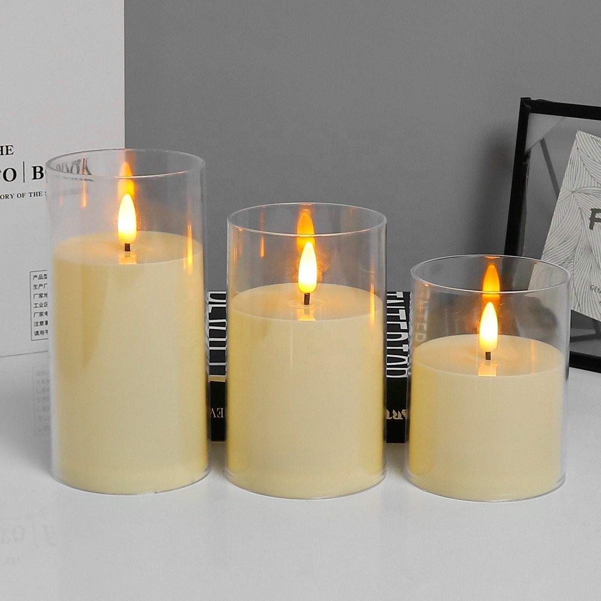 Battery Wax Home Flicker Pillar Light In Clear Glass Flame Electronic Moving Wick Flameless Led Remote Control Electric Candle