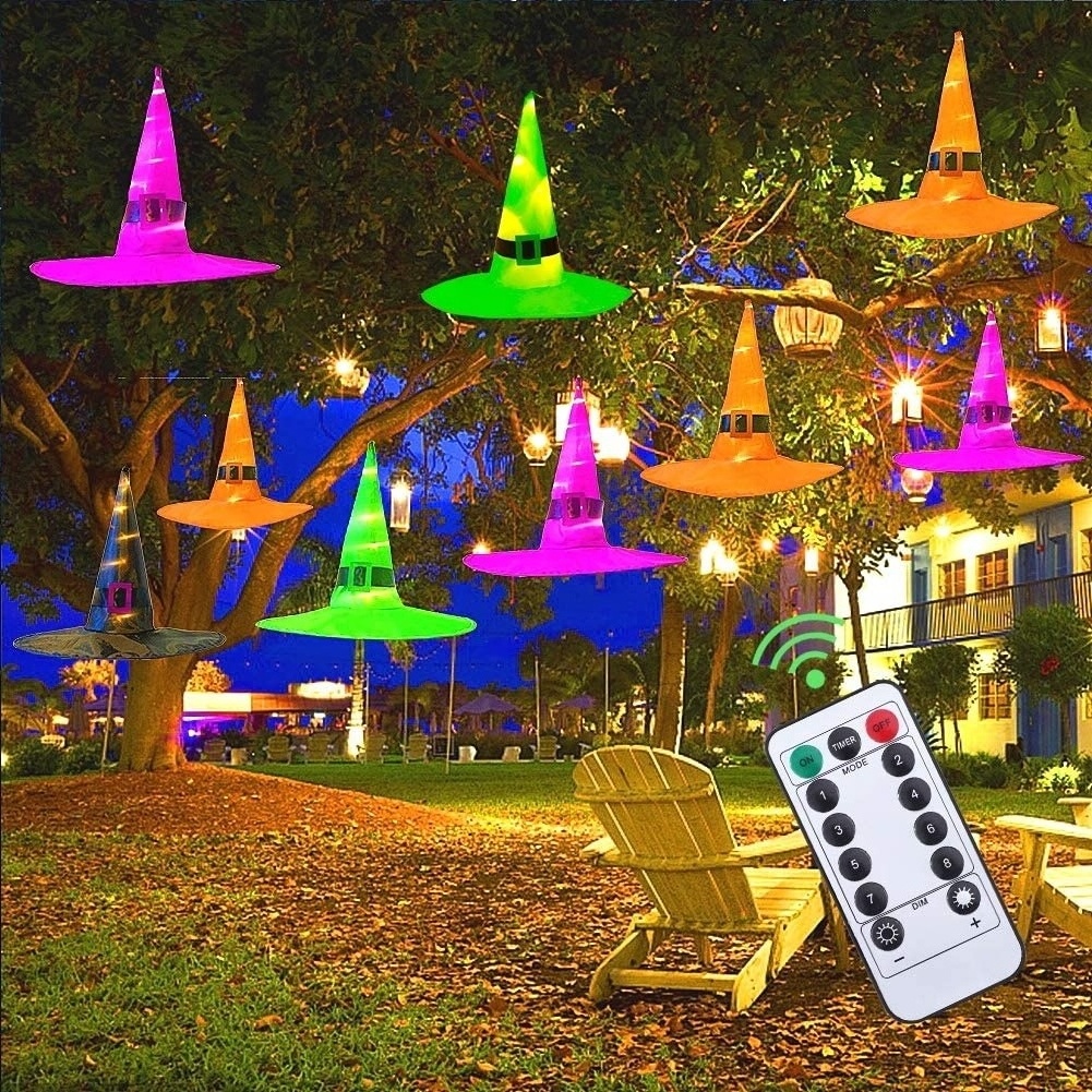 8pcs Hanging Lighted Witch Hat 36ft Lights Remote Control Decor Timer Tree Porch Yard Halloween Decoration