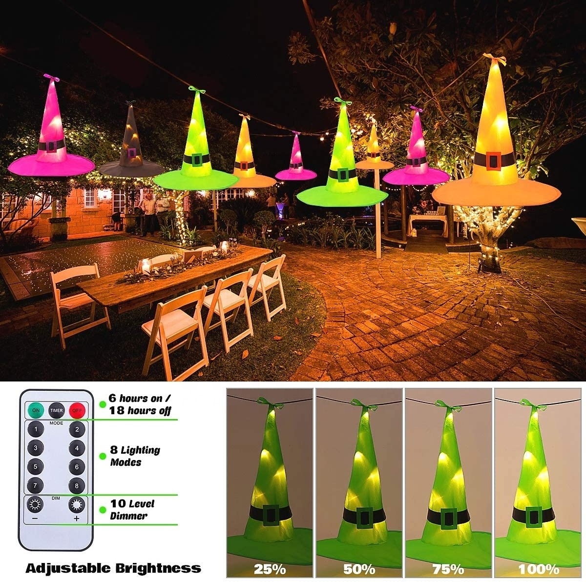 8pcs Hanging Lighted Witch Hat 36ft Lights Remote Control Decor Timer Tree Porch Yard Halloween Decoration