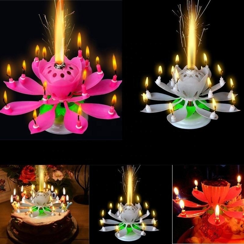 China Happy Cake Party Colored Magic Sparkler Number Rainbow rotating musical lotus Flower music Birthday Candle