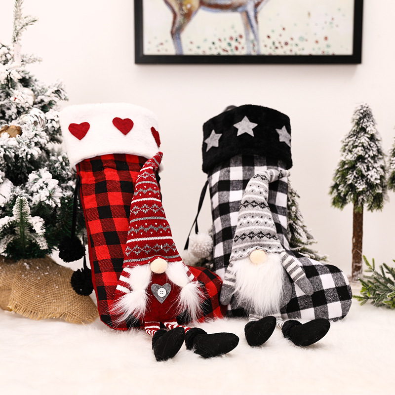 Wholesale Luxury Custom 3D Forester Faceless Xmas Socks Faux Fur Plaid Christmas Stocking Decorations