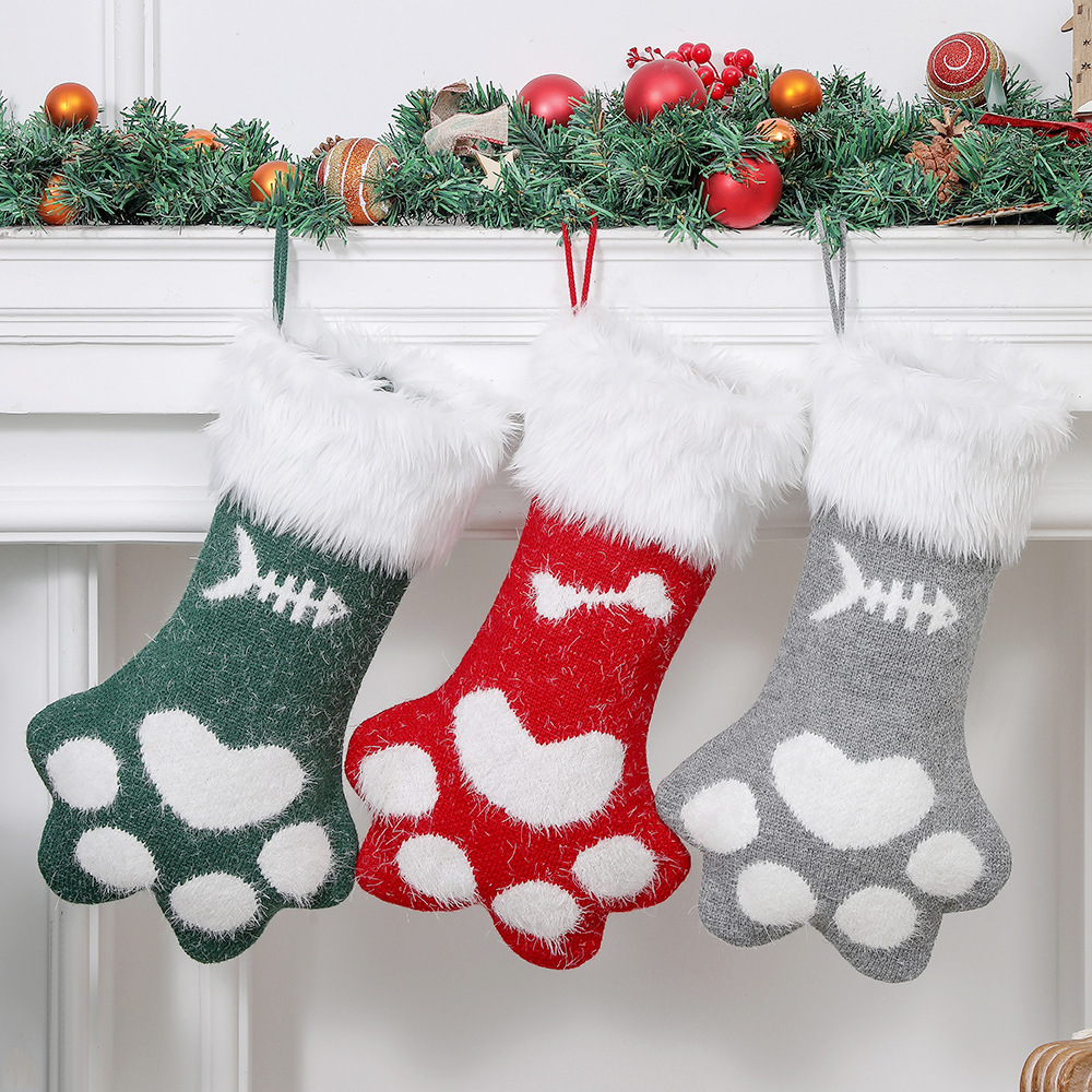 Wholesale Faux Fur Plush Cuff Pattern Xmas Socks Bag Cat Dog Paw Christmas Stocking