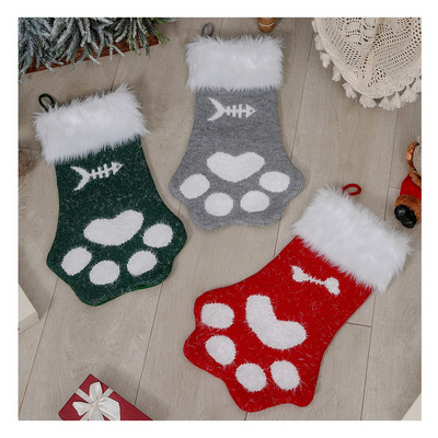 Wholesale Faux Fur Plush Cuff Pattern Xmas Socks Bag Cat Dog Paw Christmas Stocking