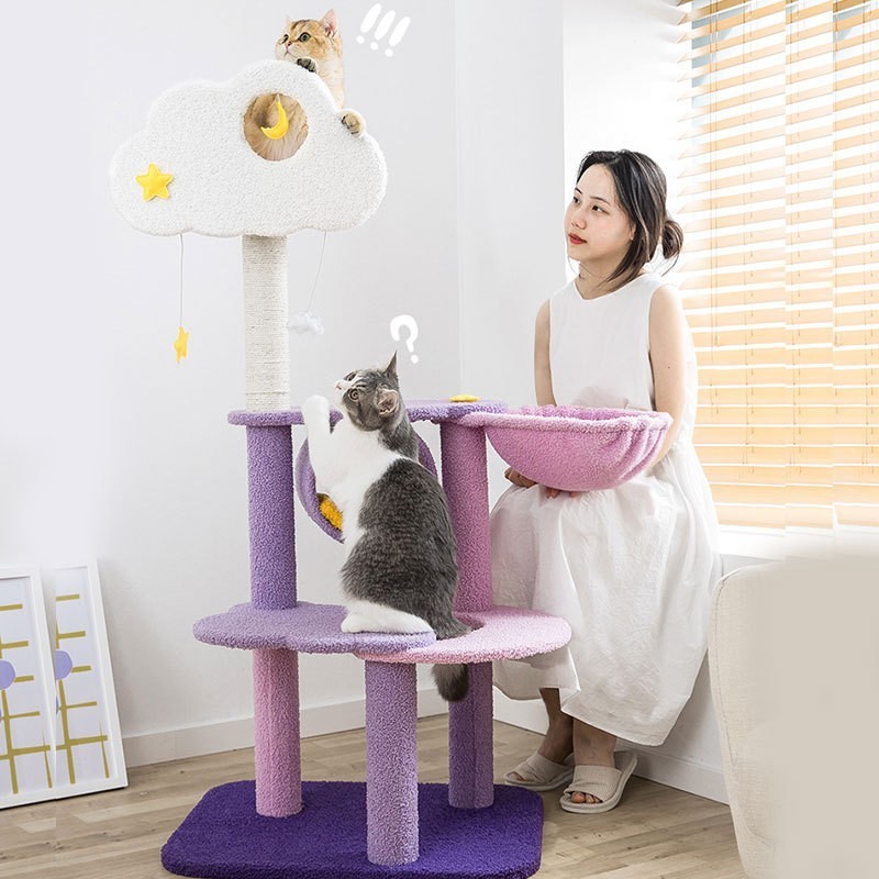 Shengfeng Factory Wholesale Cloud Star Cat Tree Tower Houses Scratches Climbing Cute Luxury Purple Pet Cat Tree