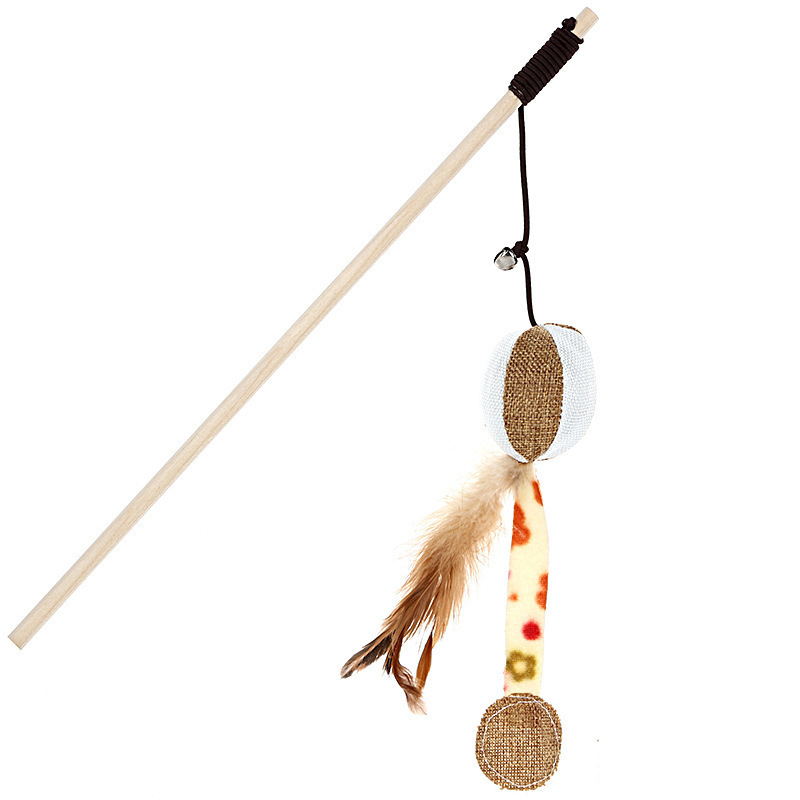 Interactive Durable Wood Cat Toy with Feather Bell and Playing Rod Pet Cat Teaser for Feline Fun