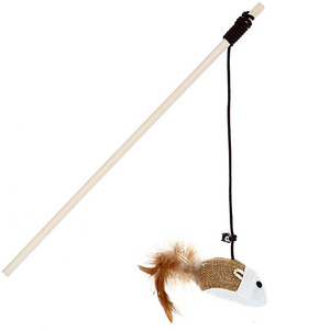 Interactive Durable Wood Cat Toy with Feather Bell and Playing Rod Pet Cat Teaser for Feline Fun