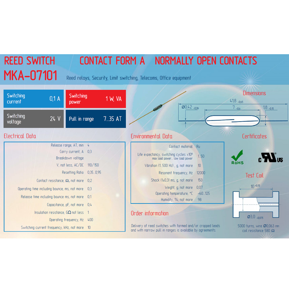 7mm RMCIP MKA07101 AT20-25 Normally Open Reed Switches Sensor With Glass Envelope