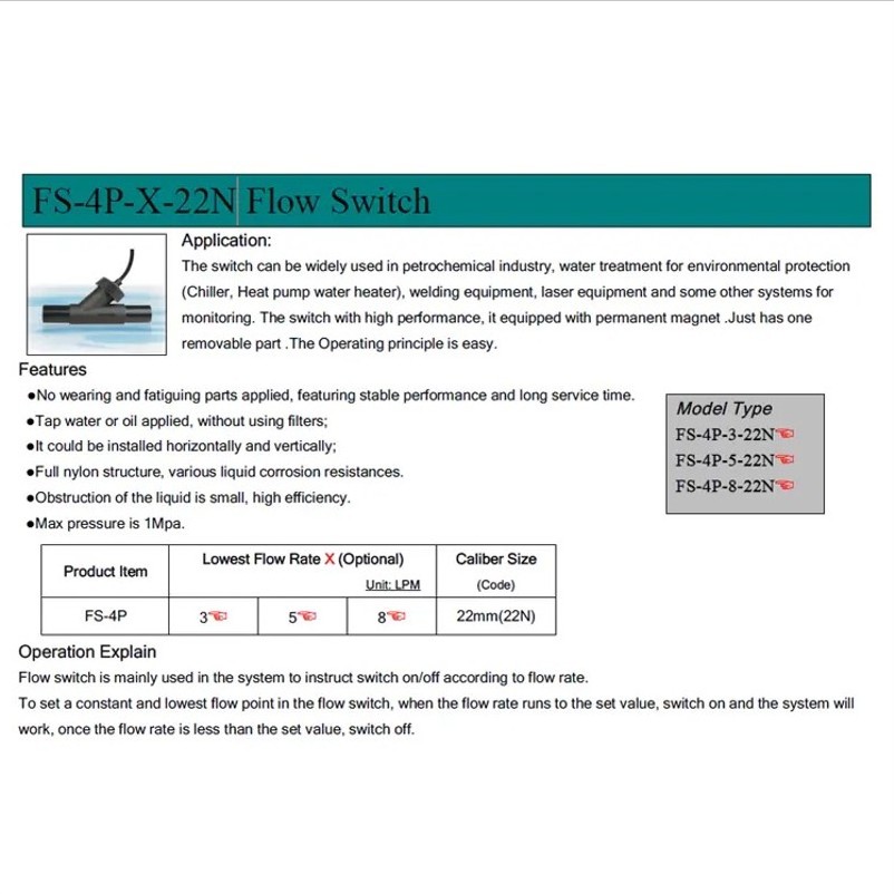 Plastic Piston FS-4P-X-22N 22mm Magnetic Water Flow Switches  With Two Wire in line Liquid Flow Sensor Switch Detector