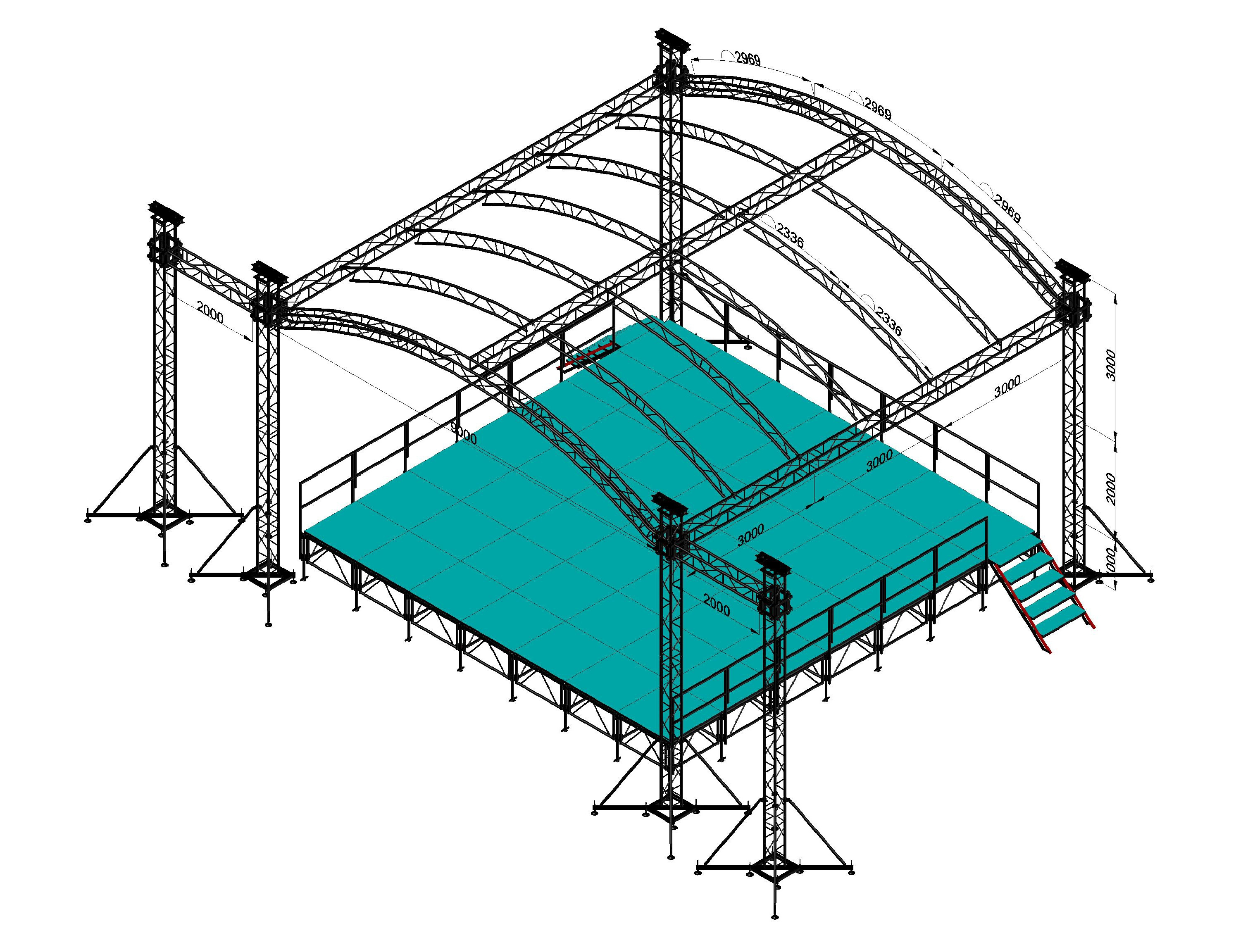 Aluminium stage with full roof cover trussing system